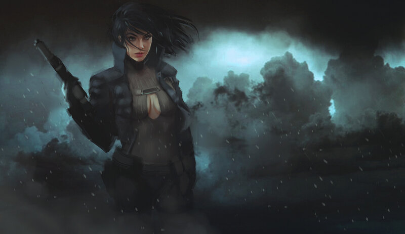 Woman Holding a Gun — Black, Dramatic, Night, Digital Art