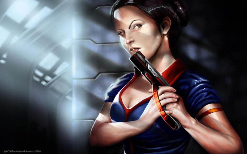Woman Holding a Gun — Blue, Dramatic, Digital Art, Blue and Red Outfit