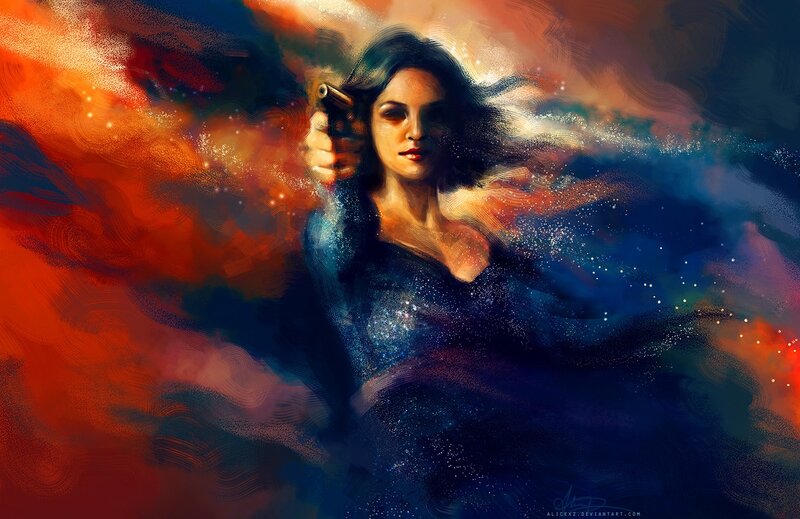 Woman Holding a Gun — Blue, Dramatic, Digital Art, Sparkles