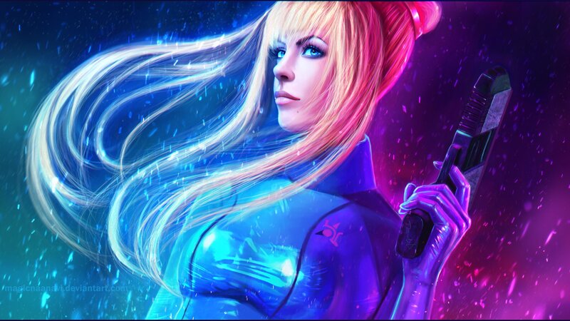 Woman Holding a Gun — Blue, Dramatic, Night, Digital Art, Long Hair