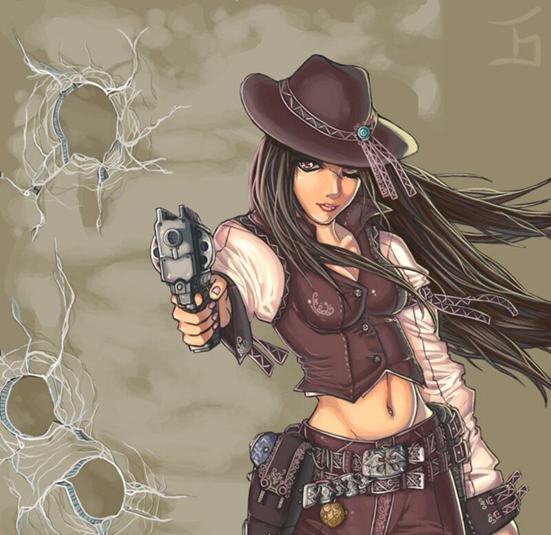Woman Holding a Gun — Brown, Dramatic, Digital Art