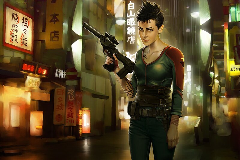 Woman Holding a Gun — Green, Dramatic, Night, Digital Art, Neon Signs