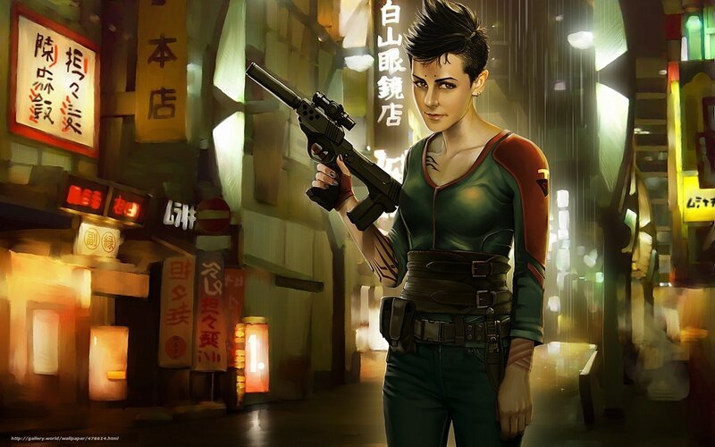 Woman Holding a Gun — Green, Dramatic, Night, Digital Art