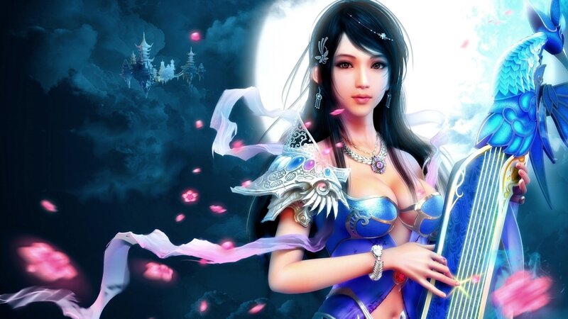 Woman Holding a Lute — Blue, Dramatic, Night, Digital Art