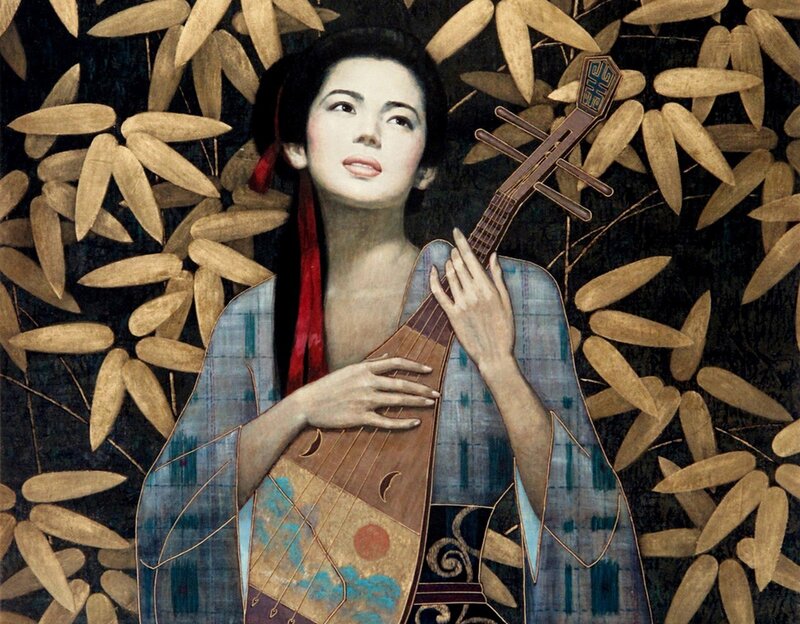 Woman Holding a Lute — Blue, Serene
