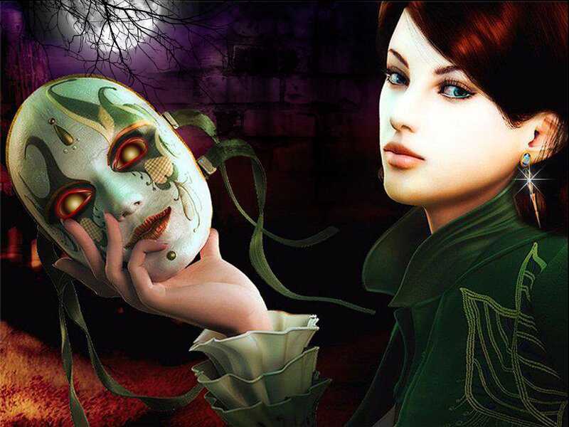 Woman Holding a Mask — Green, Dramatic, Night, Digital Art