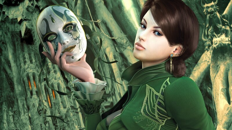 Woman Holding a Mask — Green, Dramatic