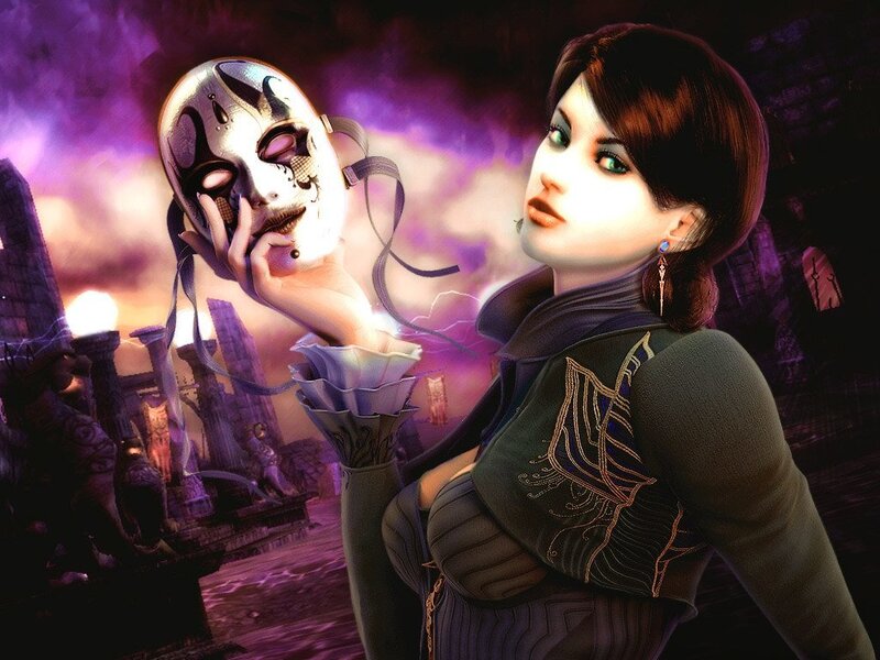 Woman Holding a Mask — Purple, Dramatic