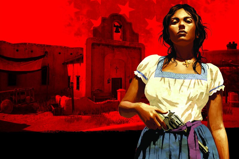 Woman Holding a Revolver — Red, Dramatic, Afternoon