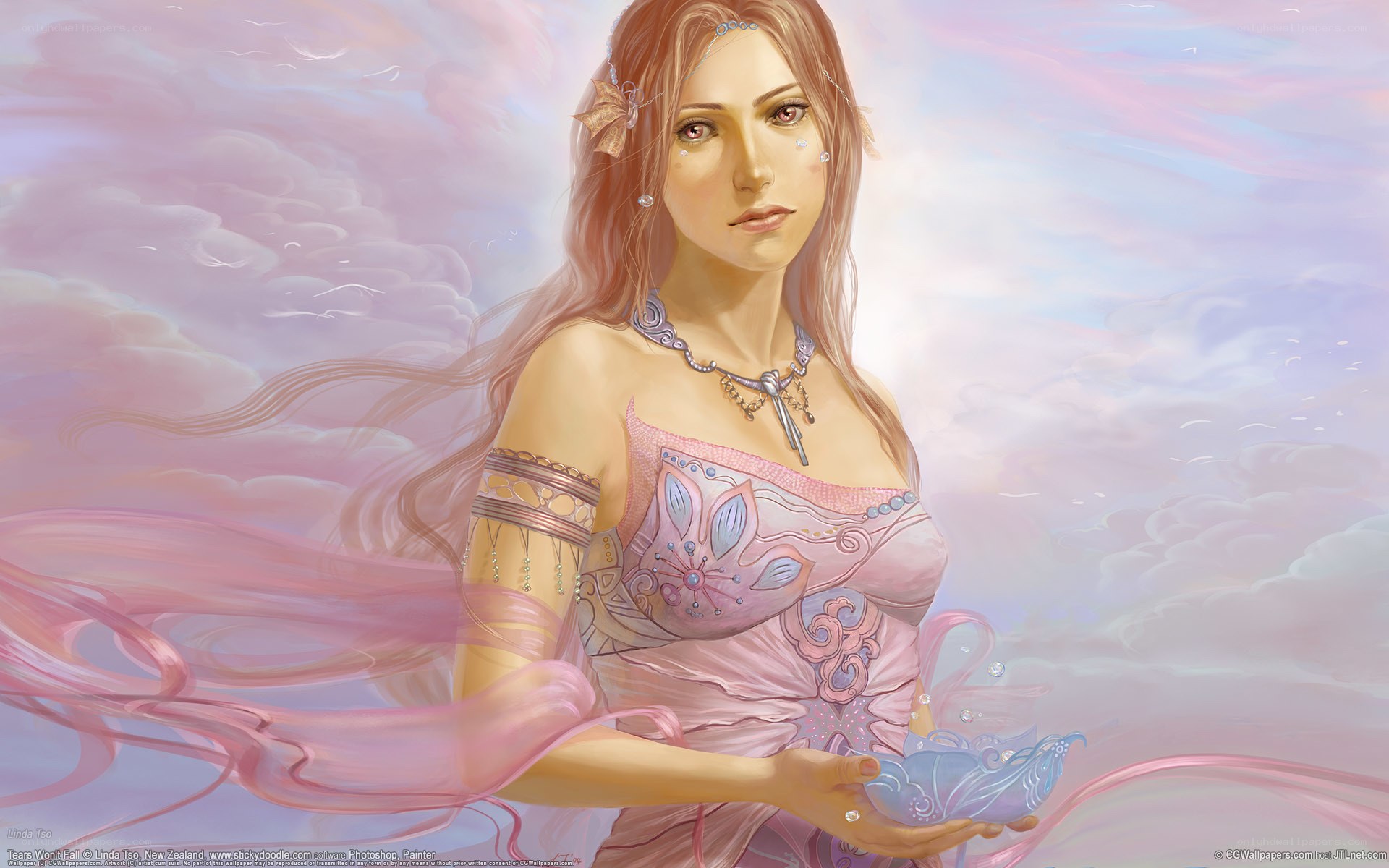 woman holding a shell in sky
