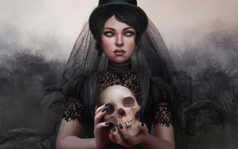 woman holding a skull