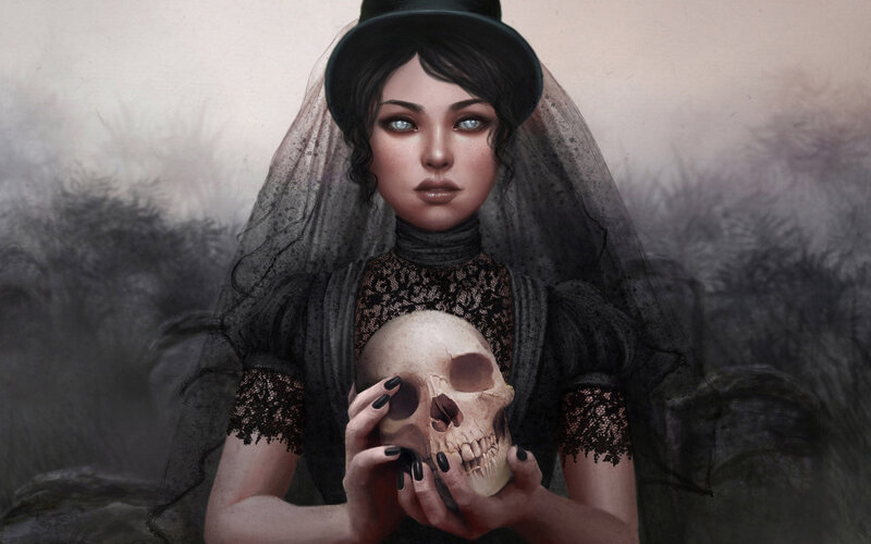 woman holding a skull