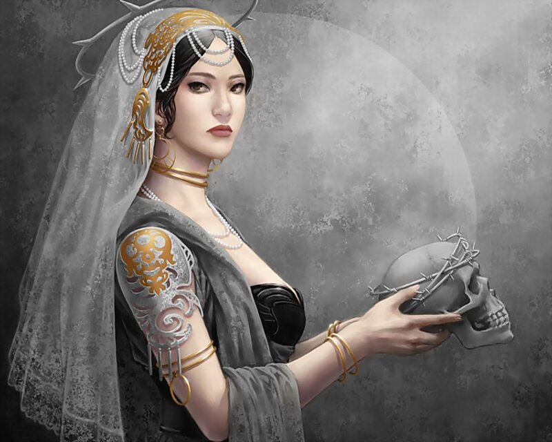 Woman holding a skull