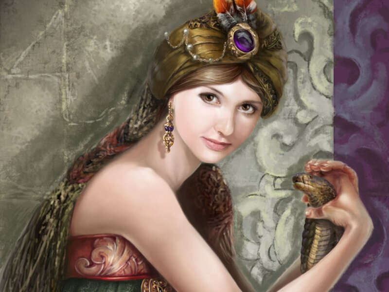 Woman Holding a Snake — Green, Dramatic