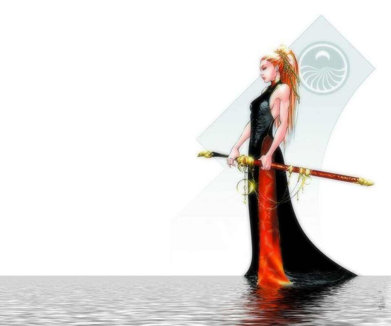 Woman Holding a Staff — Black, Dramatic, Digital Art