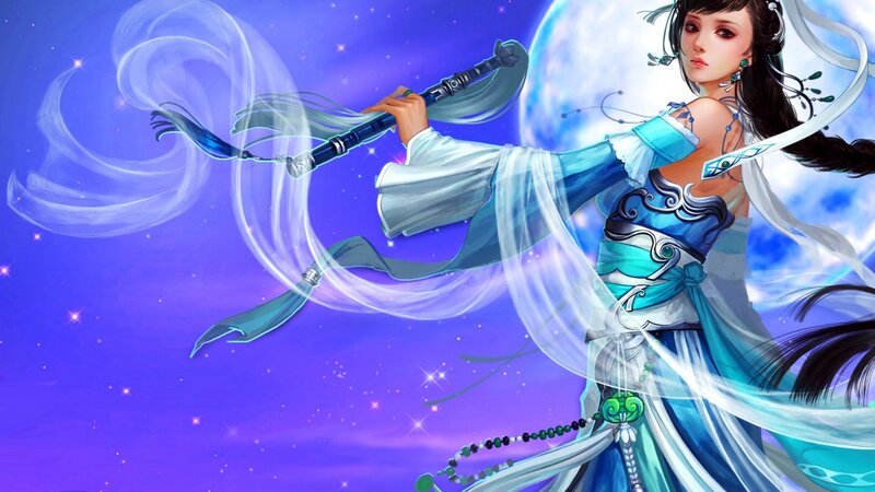 Woman Holding a Staff — Blue, Dramatic, Night, Digital Art