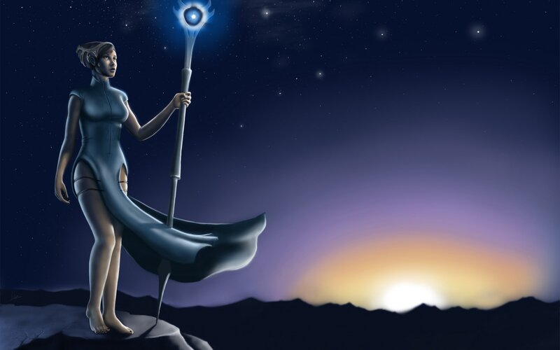 Woman Holding a Staff — Blue, Dramatic, Night