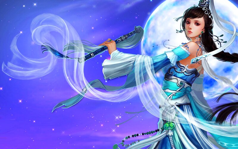 Woman Holding a Staff — Blue, Serene