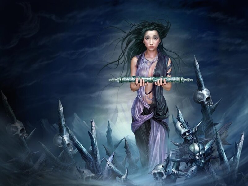 Woman Holding a Staff — Purple, Dramatic, Night