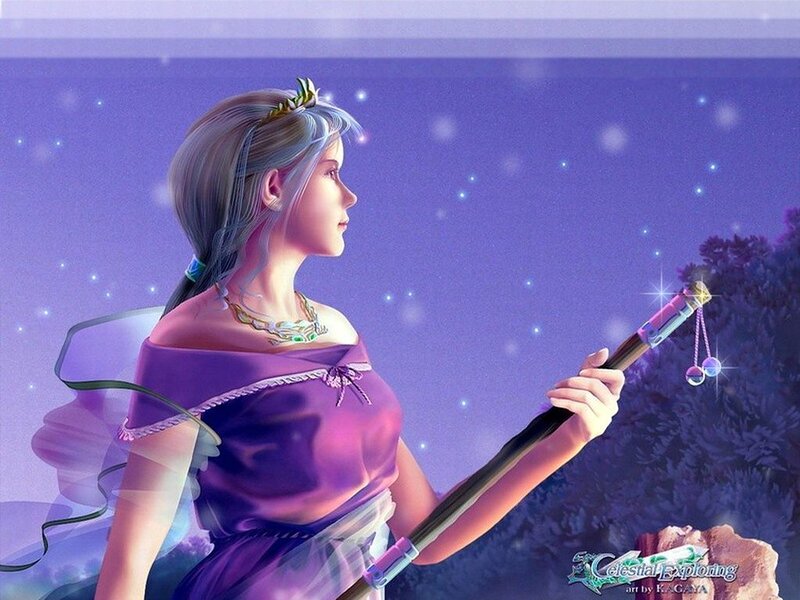 Woman Holding a Staff — Purple, Serene, Night
