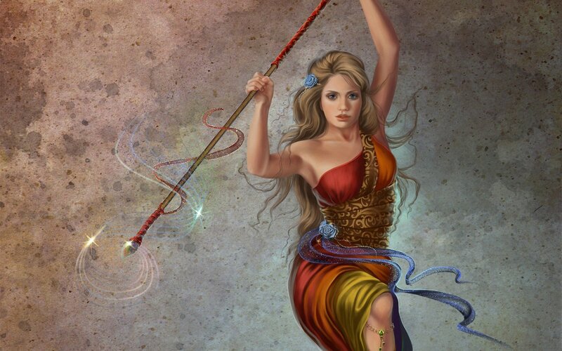 Woman Holding a Staff — Red