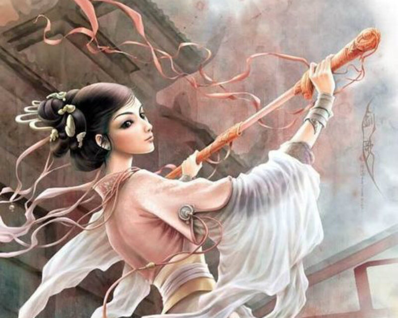 Woman Holding a Staff — White, Dramatic