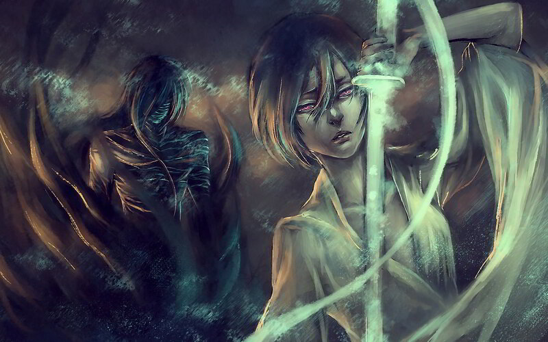 Woman Holding a Sword — Black, Dramatic, Digital Art, Ghostly Figure