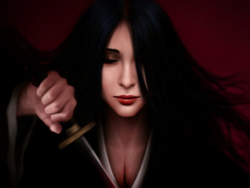 Woman Holding a Sword — Black, Dramatic, Digital Art, Long Hair