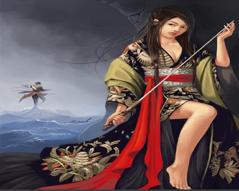 Woman Holding a Sword — Black, Dramatic, Digital Art, Ocean