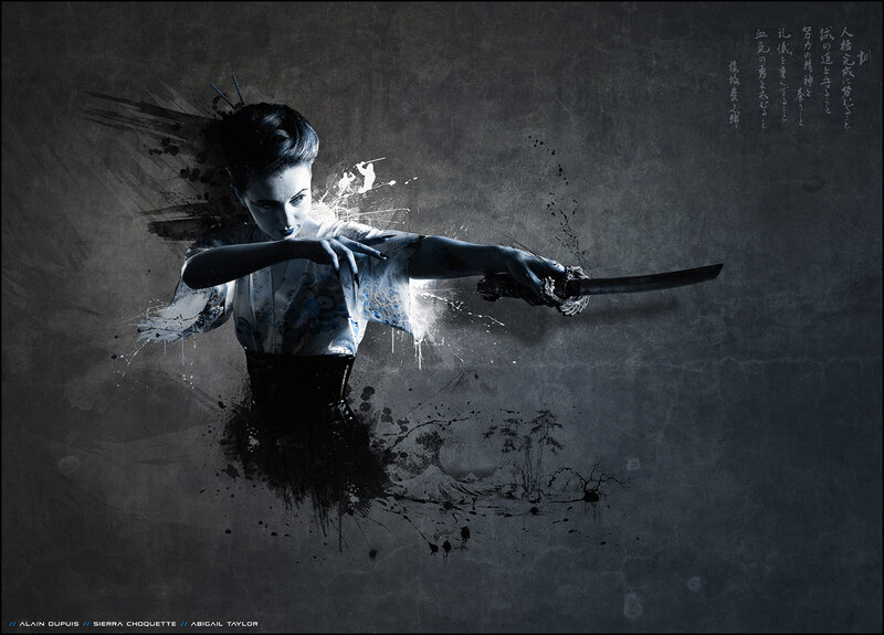 Woman Holding a Sword — Black, Dramatic, Digital Art, Splatter