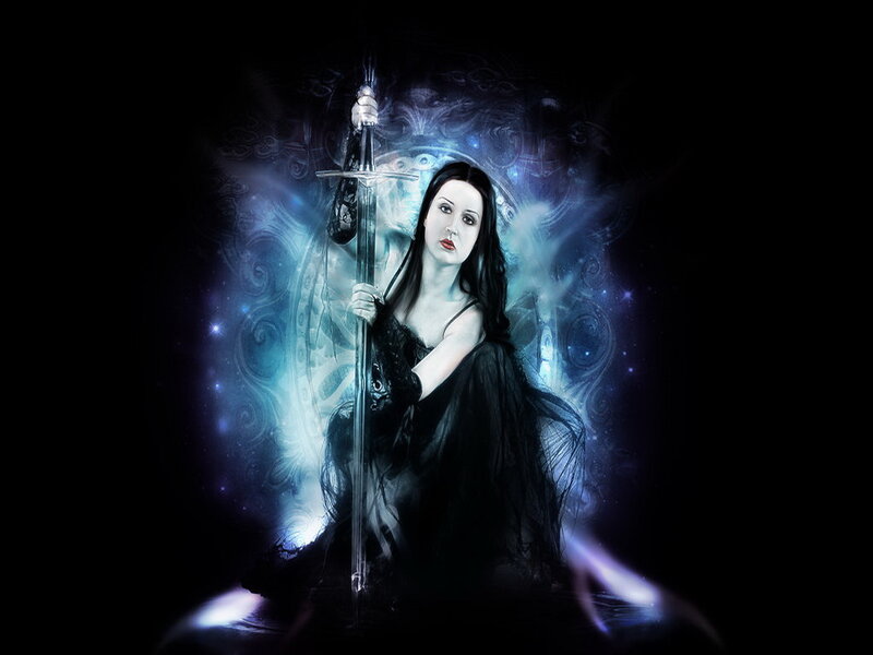 Woman Holding a Sword — Black, Dramatic, Night, Digital Art, Dress