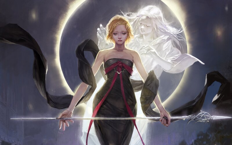 Woman Holding a Sword — Black, Dramatic, Night, Digital Art, Ghost