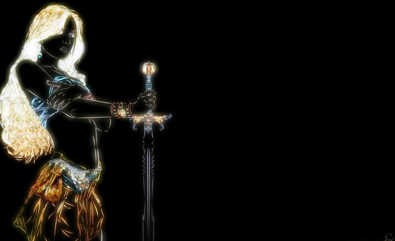 Woman Holding a Sword — Black, Dramatic, Night, Digital Art, Long Hair