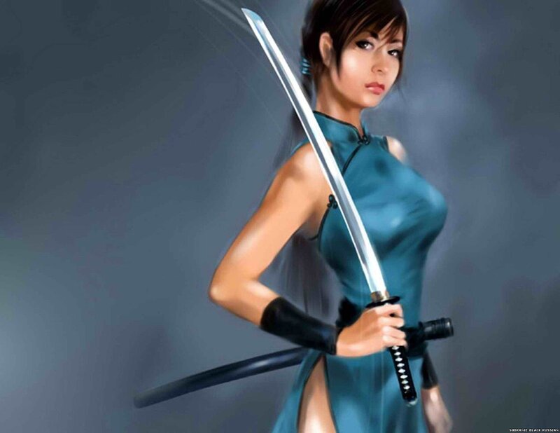 Woman Holding a Sword — Blue, Dramatic, Digital Art, Dress, Gloves