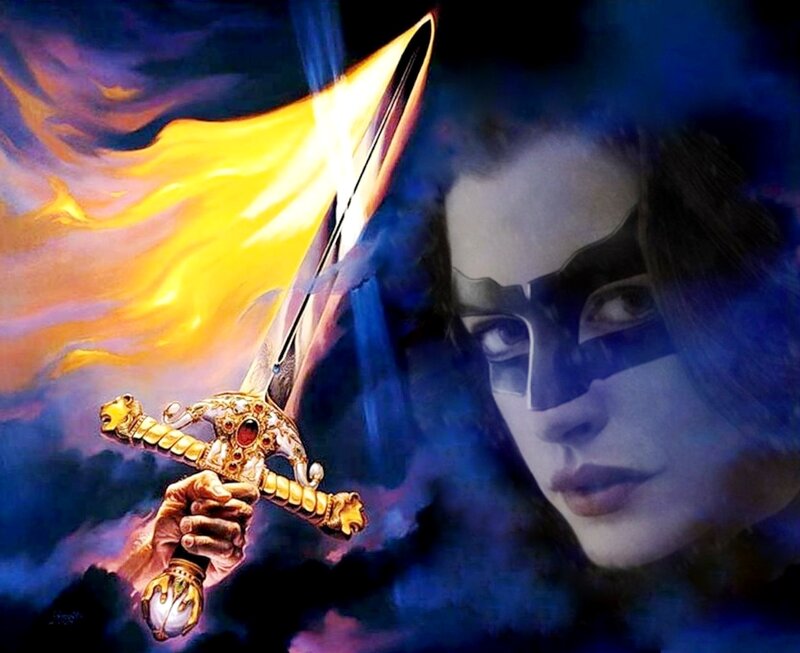 Woman Holding a Sword — Blue, Dramatic, Digital Art, Mask