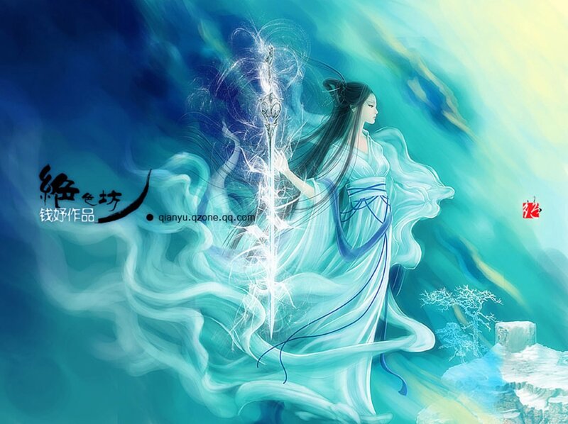 Woman Holding a Sword — Blue, Dramatic, Digital Art, Robes