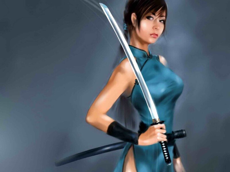 Woman Holding a Sword — Blue, Dramatic, Digital Art