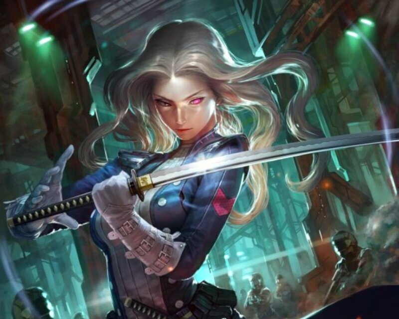 Woman Holding a Sword — Blue, Dramatic, Night, Digital Art, Long Hair