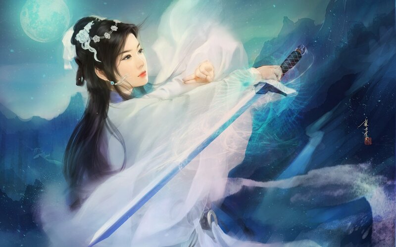 Woman Holding a Sword — Blue, Dramatic, Night, Digital Art, Moon