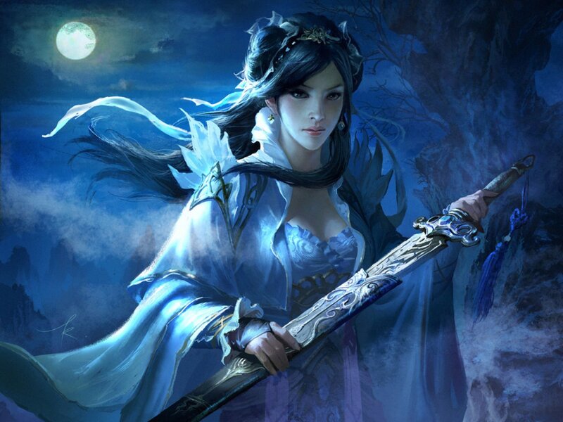 Woman Holding a Sword — Blue, Dramatic, Night, Digital Art, Moon, Tree