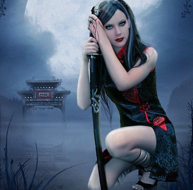Woman Holding a Sword — Blue, Dramatic, Night