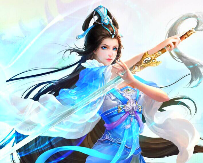Woman Holding a Sword — Blue, Dynamic