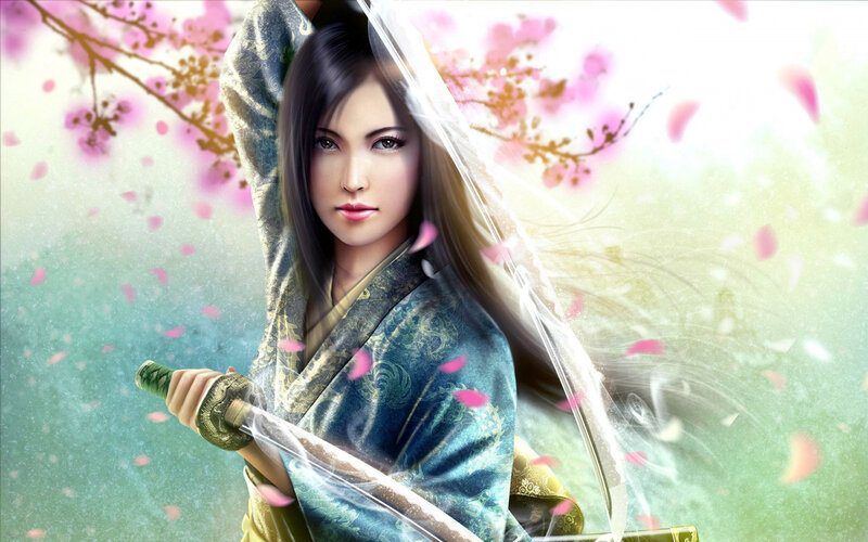 Woman Holding a Sword — Blue, Serene, Spring, Digital Art, Sakura Blossoms