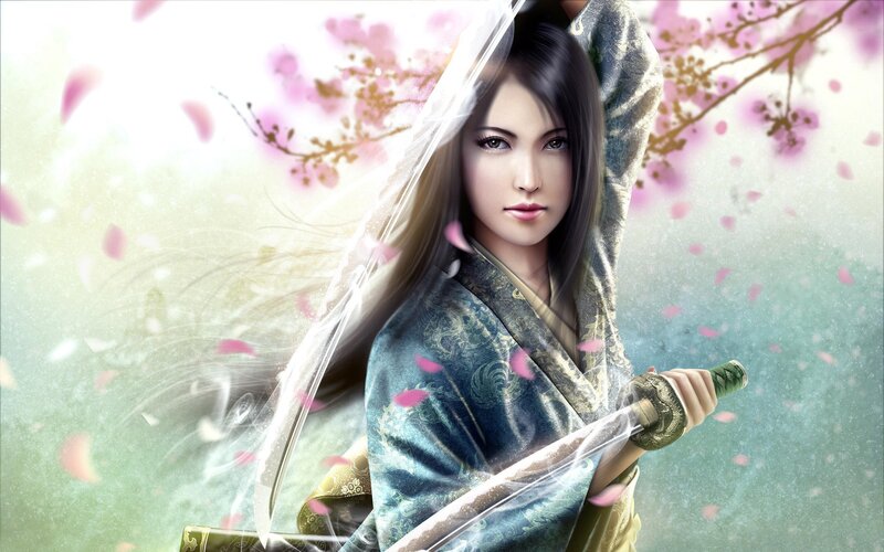 Woman Holding a Sword — Blue, Serene, Spring, Digital Art, Sakura Petals