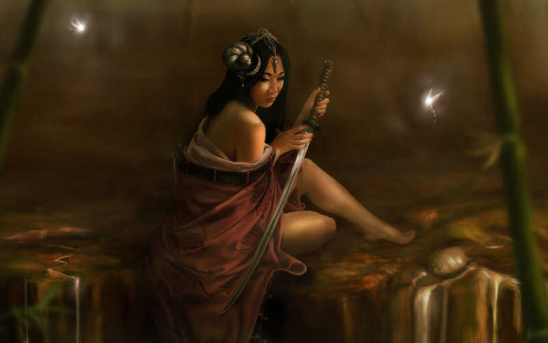 Woman Holding a Sword — Brown, Serene, Night