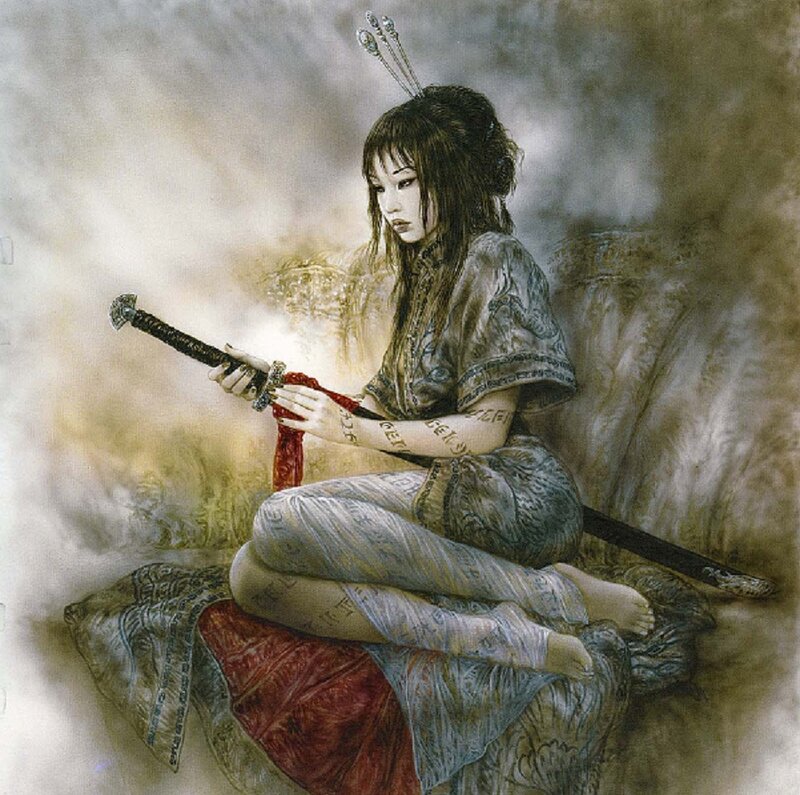 Woman Holding a Sword — Gray, Dramatic, Illustration