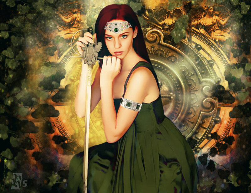 Woman Holding a Sword — Green, Dramatic, Digital Art
