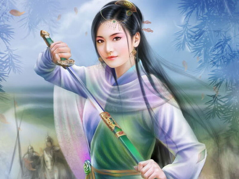 Woman Holding a Sword — Green, Dramatic