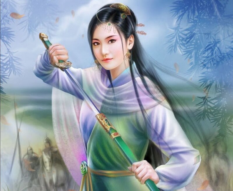 Woman Holding a Sword — Green, Serene, Autumn