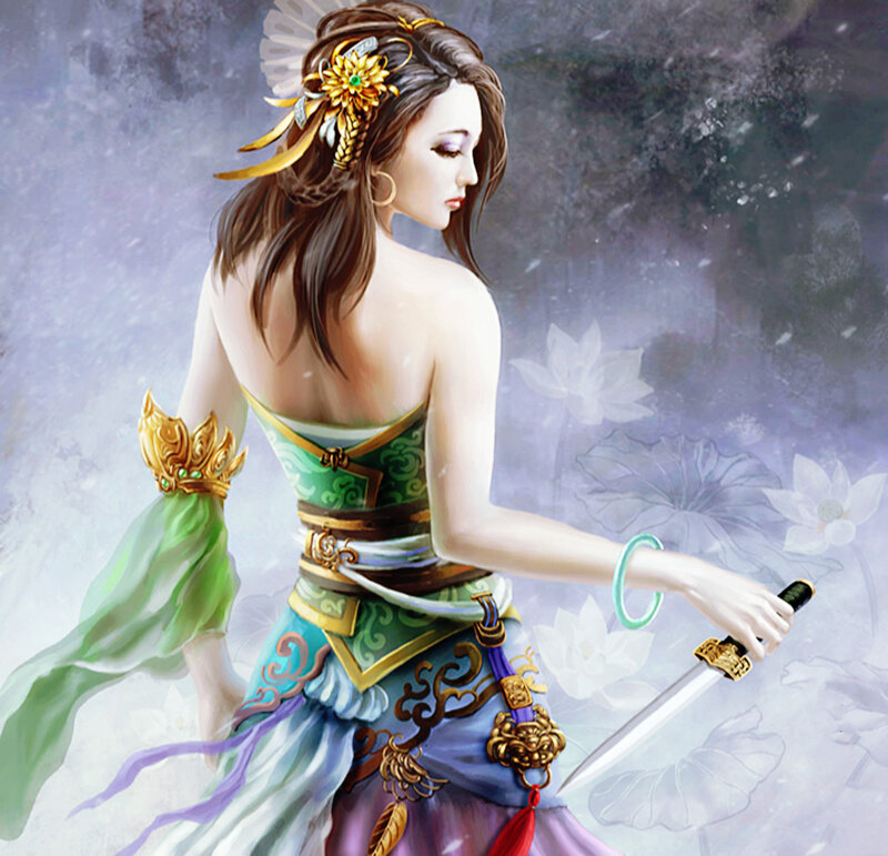 Woman Holding a Sword — Green, Serene